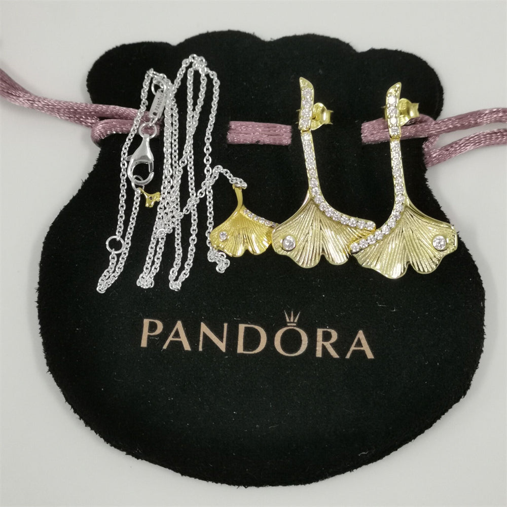 Pandora Gingko Leaf Two-tone Pendant Necklace and Drop Earrings Set – 45cm