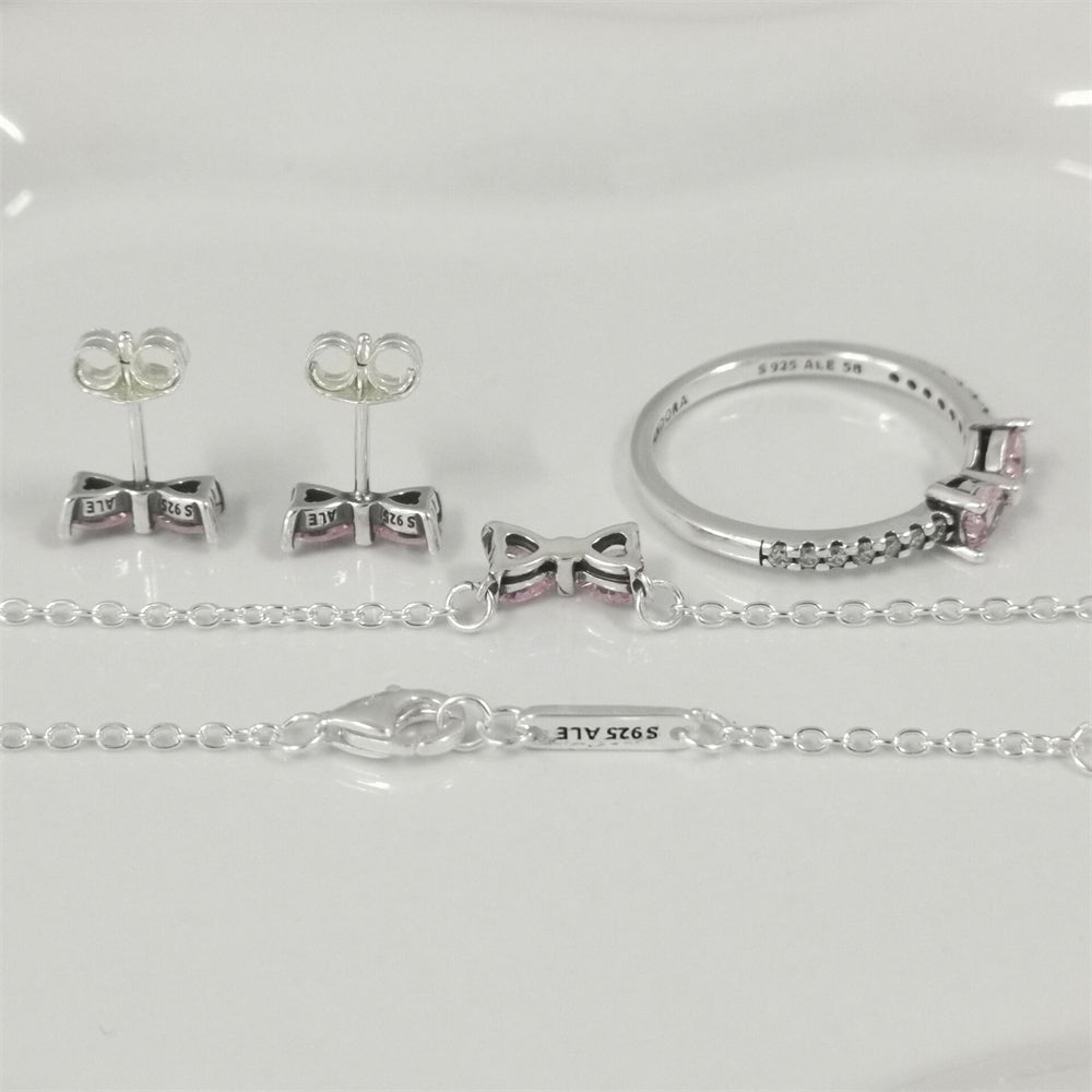 Pandora Sparkling Pink Bow Jewellery Gift Set – Necklace & Earrings in Sterling Silver