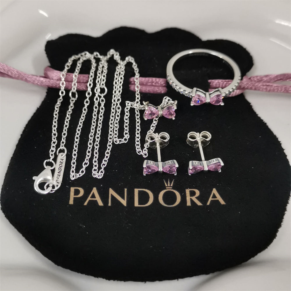 Pandora Sparkling Pink Bow Jewellery Gift Set – Necklace & Earrings in Sterling Silver