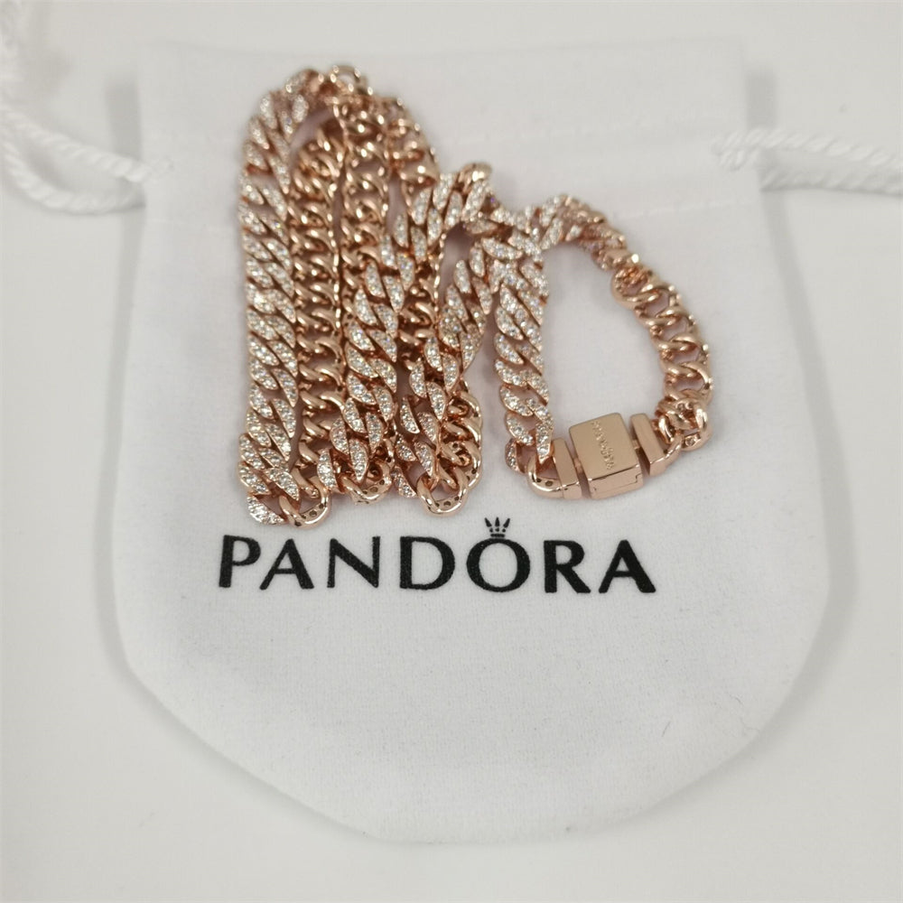 Pandora Rose Gold Pavé Cuban Chain Necklace – Elegant Sparkle in a Bold Design