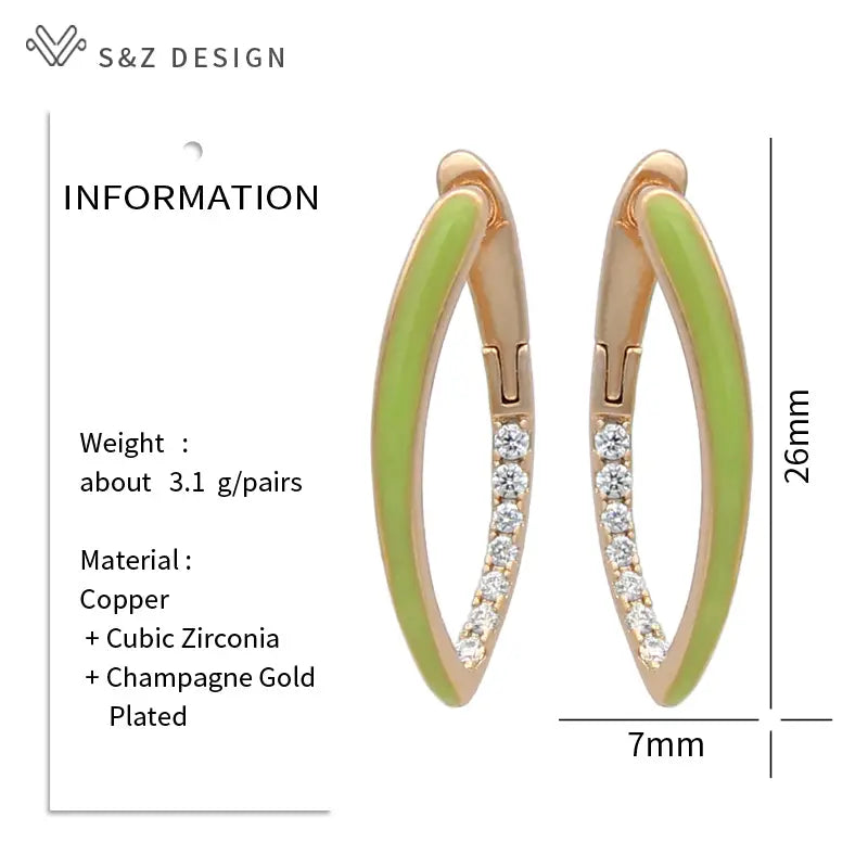 S&Z DESIGN New Fashion Gold Color Green Enamel Dangle Earrings For Women Wedding Party Cubic Zirconia Jewelry