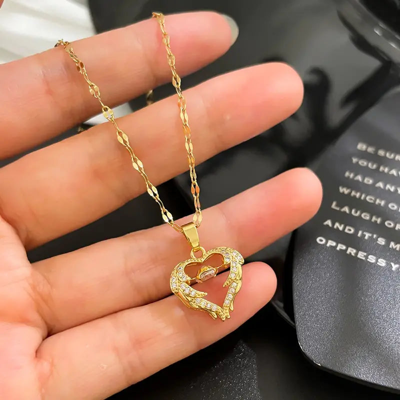 DIEYURO 316L Stainless Steel Heart Wing Zircon Pendant Necklace for Women & Girls