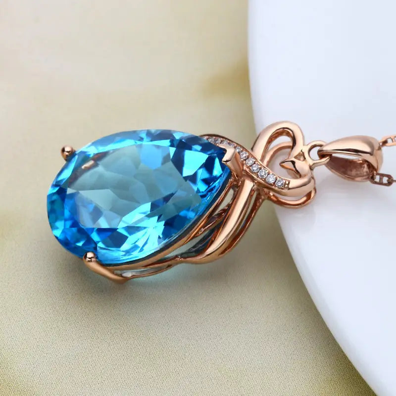 Real 14K Rose Gold 3 Carat Natural Blue Sapphire Pendant Necklace for Women