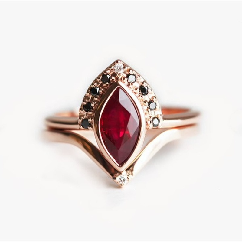 Rose Gold Color Wedding Rings with Rhombus Red CZ Stones for Women, Classic Metal Wedding Ring Set Jewelry