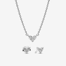 Pandora Triple Stone Heart Necklace & Earrings Jewelry Set – 45cm