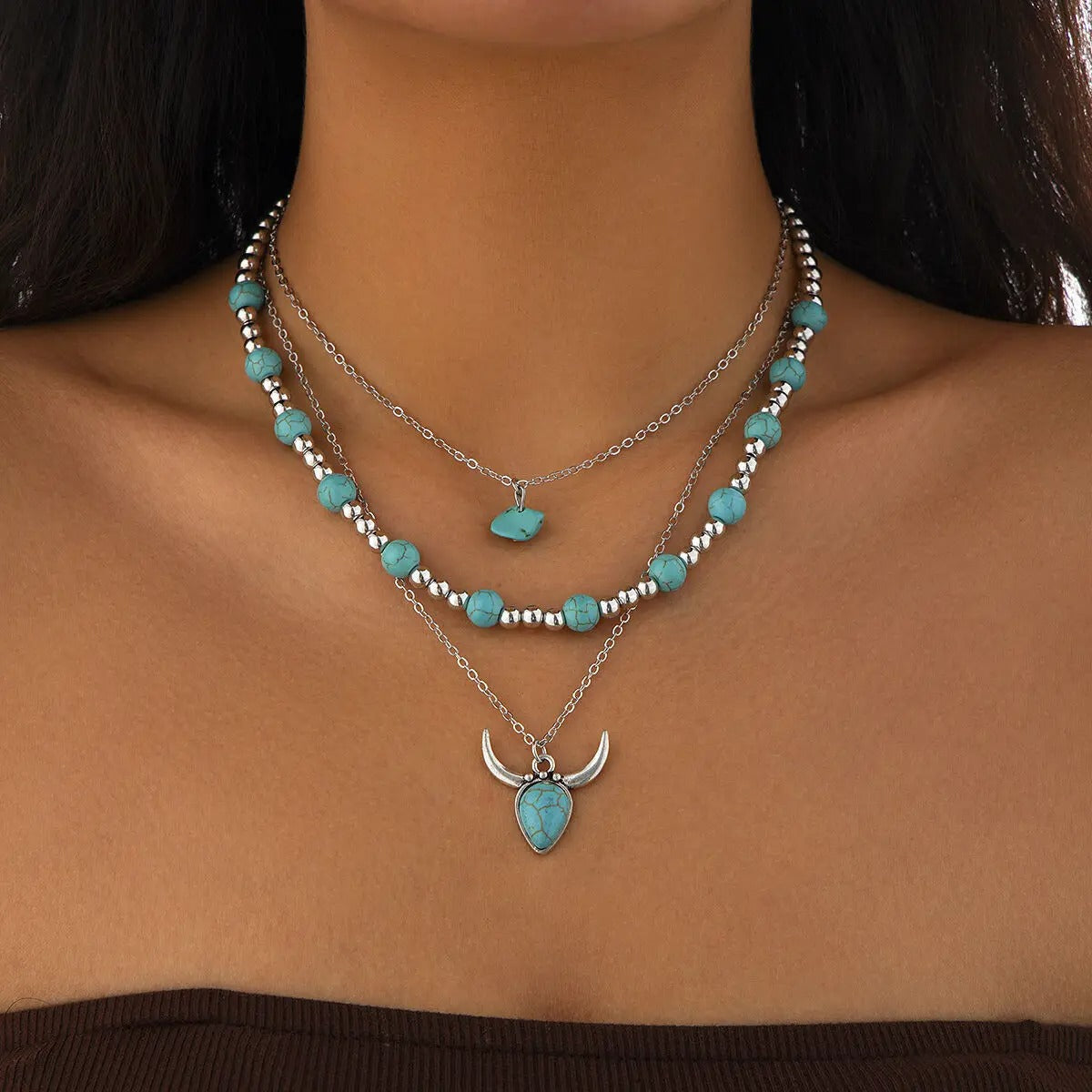 3Pcs Vintage Blue Natural Stone Beads Choker Necklaces for Women Bohemia Geometry Pendant Necklace Trendy Neck Jewelry