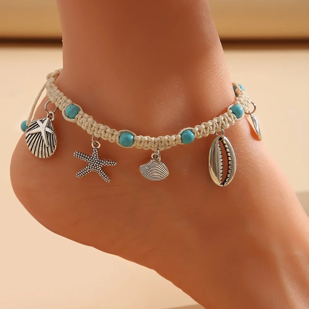 Summer Beach Boho Double Heart Anklets for Women Fashion Shell Starfish Ankle Bracelet on Leg Barefoot Handcraft Chain Jewelry