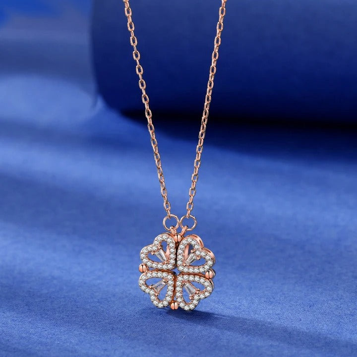 Luxury Four Leaf Clover Pendant Necklace Stainless Steel Crystal Gold Color Heart Jewelry for Women Gift