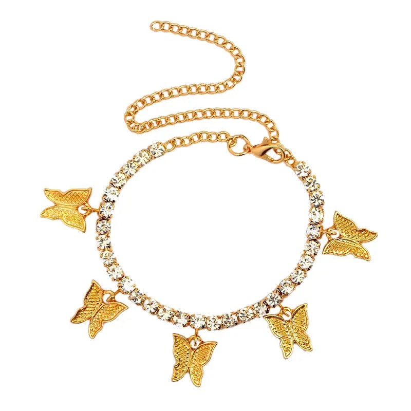 Fashion Butterfly anklet Rhinestone Tennis Chain Foot Chain Jewelry for Women Summer Beach Anklet Butterfly Barefoot Chain