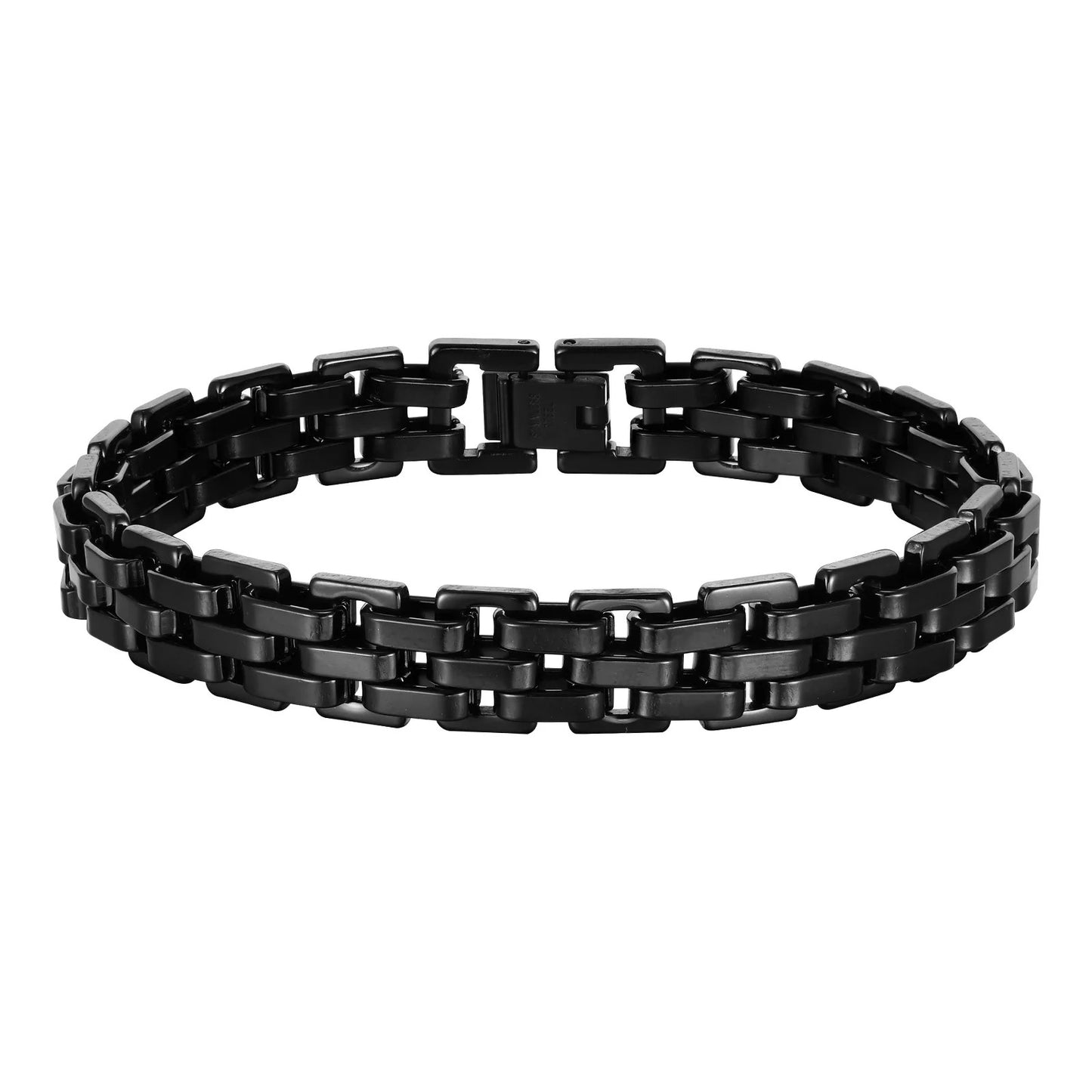 Men’s Black & Silver Watchband-Style Chain Bracelet Teens & Boys