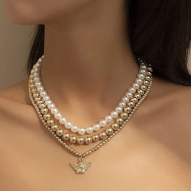 Multi-Layer White Imitation Pearl Necklace Bead Chain Punk Ladies Wedding Short Necklace Girl Charm Banquet Jewelry