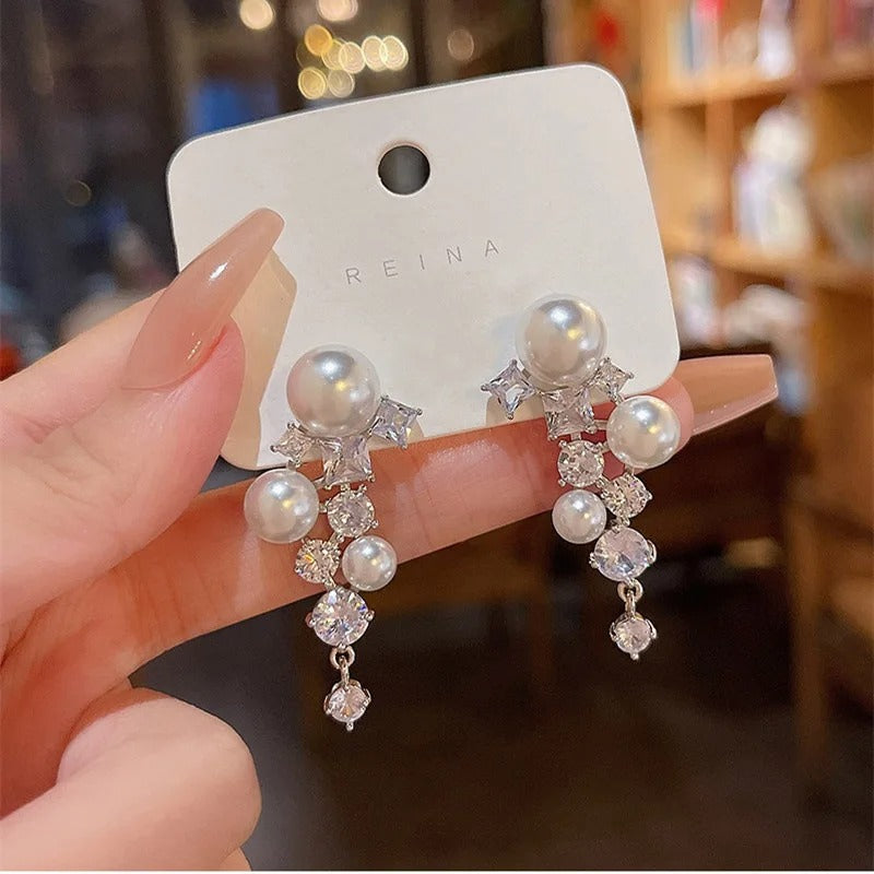 2025 New Classic Elegant Imitation Double Pearl Dangle Earrings For Women Crystal Long Tassel Drop Earring Wedding Jewelry Gifts