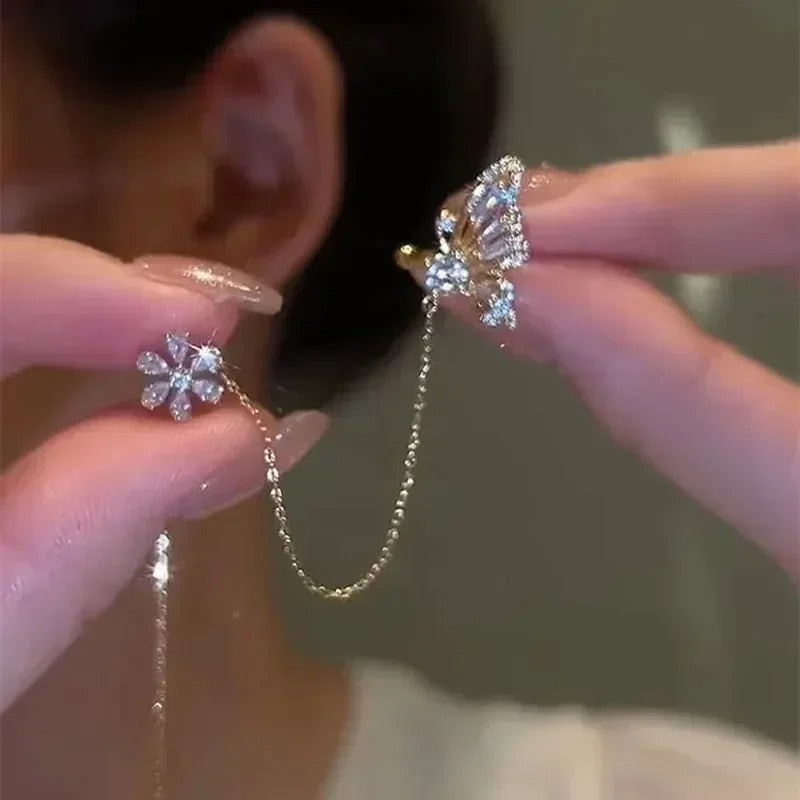 1PC Silver Color Crystal Tassel Cuff Ear Clip Earring for Women Shiny Rhinestone Chain Piercing Jewelry Fashion