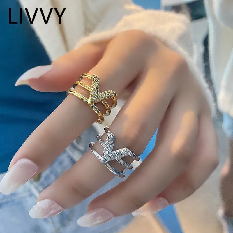 LIVVY Fashion Silver Color V-shape Three-layer Zircon Adjustable Rings For Woman Fashion High-end Trend Jewelry Accessories