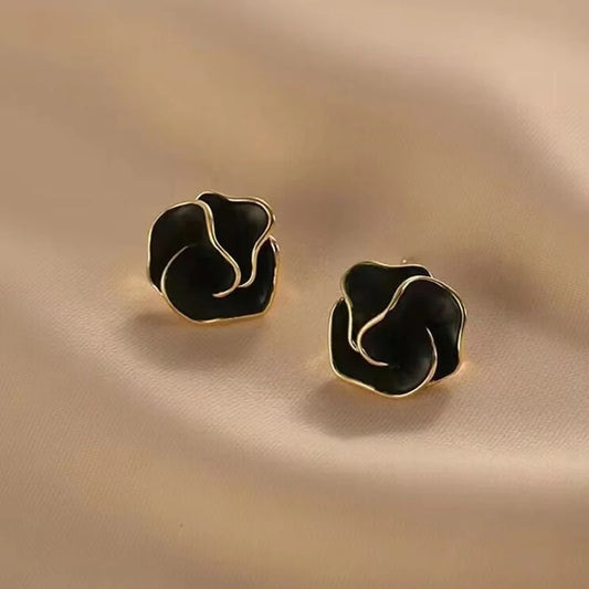 Black Enamel Flower Stud Earrings for Women Folded Unique Design Multi-layers Floral Female Small Earrings 2025New Brincos