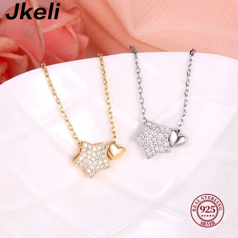 925 Sterling Silver Necklace Sweet Star Heart Pendant 18k Necklace For Women Wedding Statement Fine Jewelry