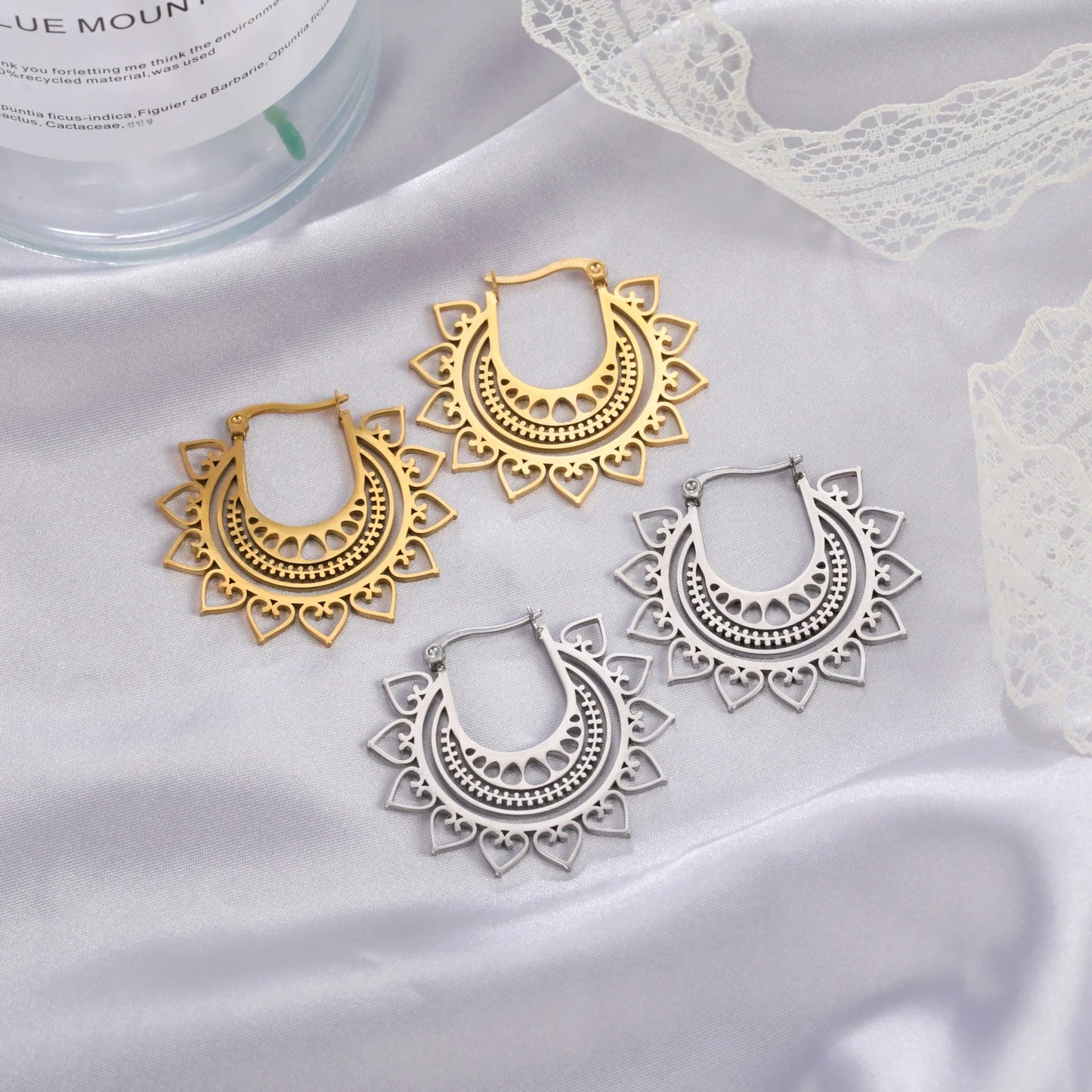 Women Gold Lotus Flower Hoop Earrings Ethnic Mandala Wedding Jewelry Gift
