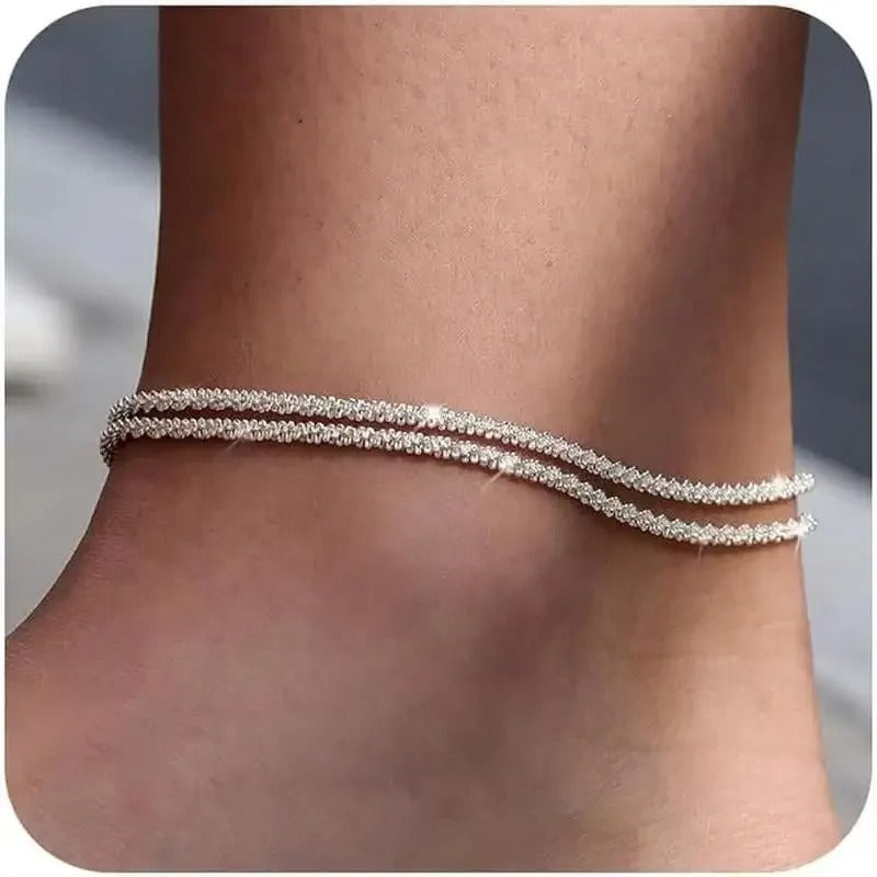 Dainty Layered Anklet for Women Stainless Steel Glitter Waterproof Bracelet, Summer Beach Jewelry Gift