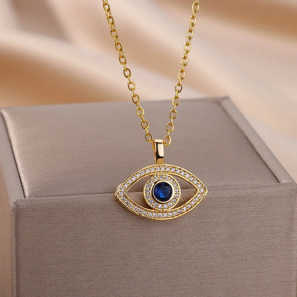 Zircon Evil Eye Pendant Necklace for Women Lucky Turkish Stainless Steel Necklaces 2025 Trend Aesthetic Jewerly