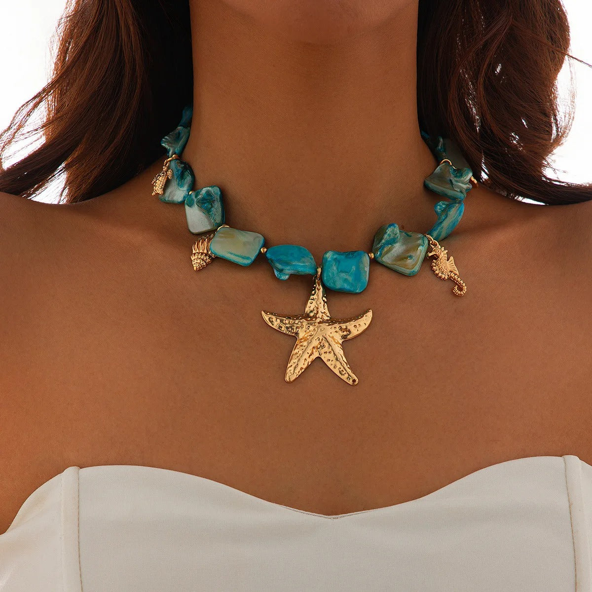 Sea Turtle Sea Conch Sea Star Pendant Necklace 2025 Women's Simple Creative Blue Stone Weaving Girls Beach Jewelry