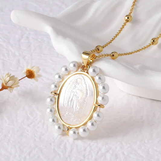 White Pearl Virgin Mary Necklaces for Women Copper Gold Plated Beads Chain Guadalupe Necklaces Amulet Jewelry