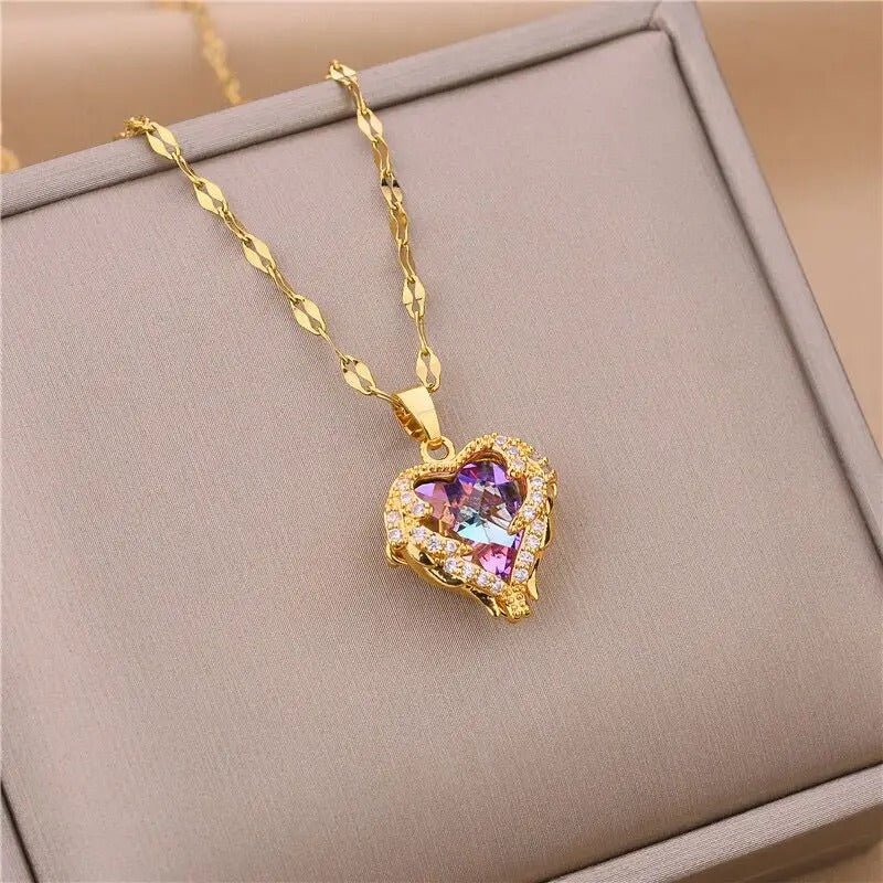 Top Luxury Colorful Crystal Ocean Heart Pendant Necklace For Women Trendy Stainless Steel Jewelry Female Wedding Neck Chain