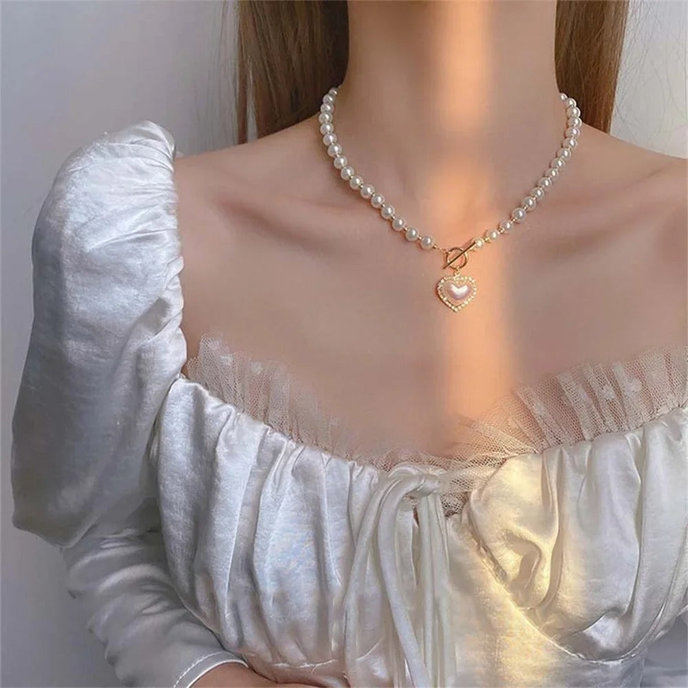 Simple Acrylic Love Pendant Necklace For Women Fashion Imitation Pearl Chain Choker Trendy Jewelry Accessories