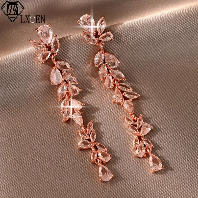 Long Wedding CZ Flower Dangle Earrings Women Jewelry