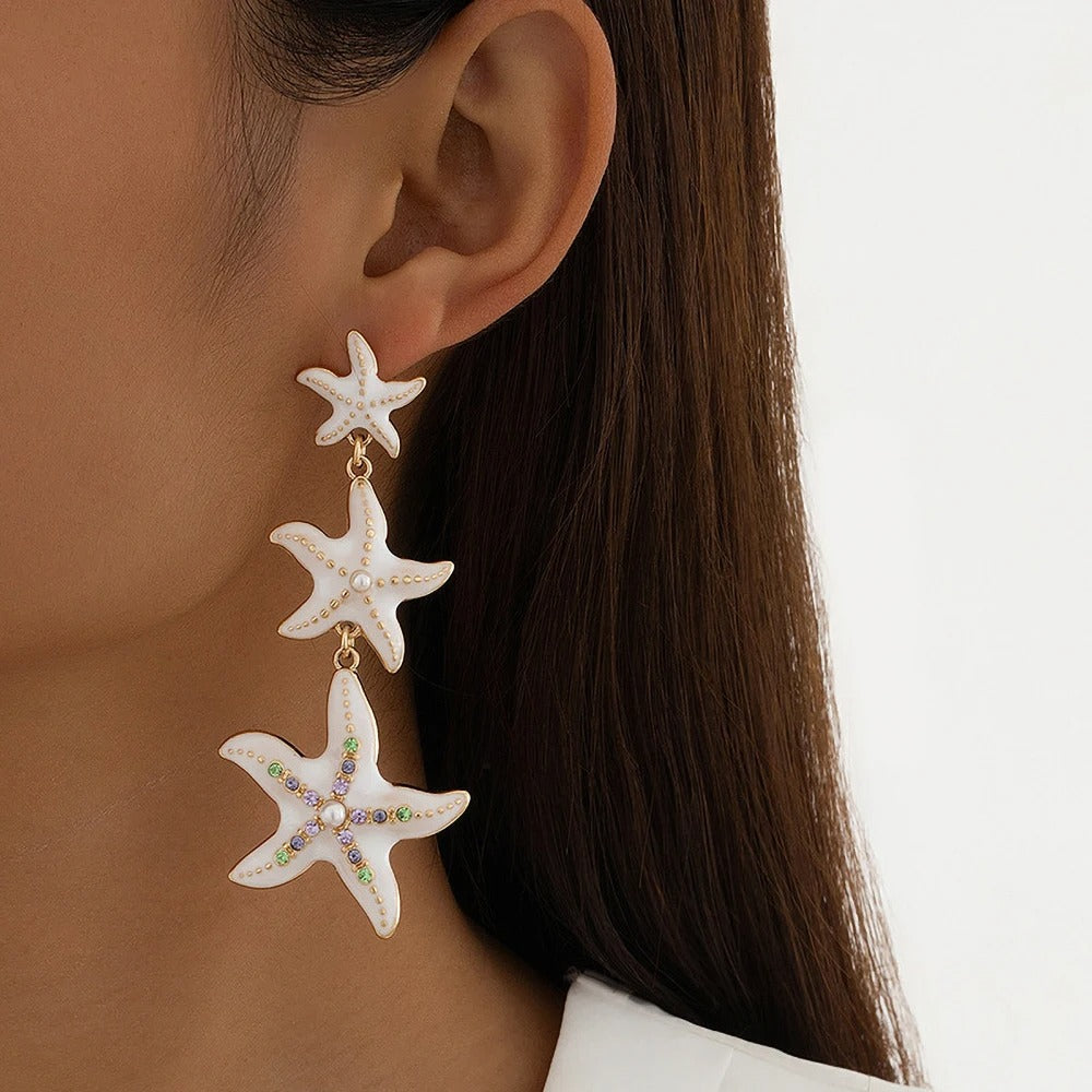 Cute Starfish Seashell Simulated Pendant Stud Earrings Colorful Rhinestone Inlaid Exquisite Starfish Strings Earring Accessory