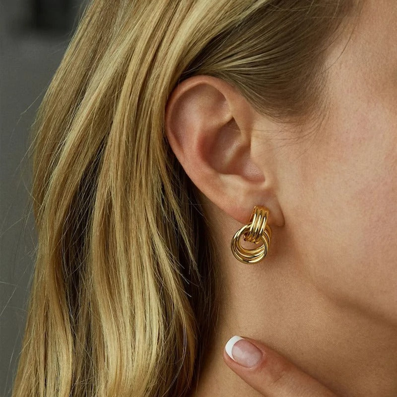 Vintage Gold Plated Triple Knot Stud EarringsTwisted Small Circle Stainless Steel Punk Jewelry for Women