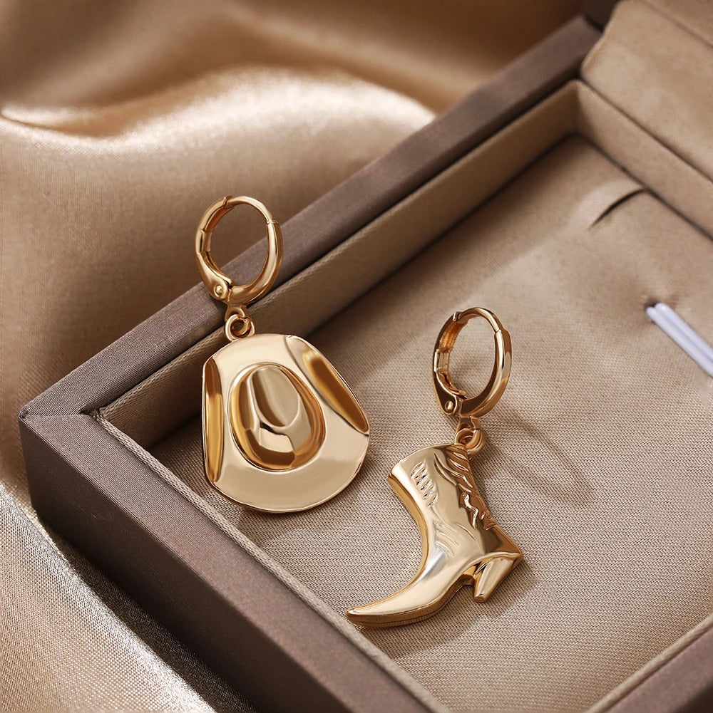 Punk Western Cowboy Hat & Boot Earrings Gold Plated Asymmetric Hoop Charms for Unisex Rock Style