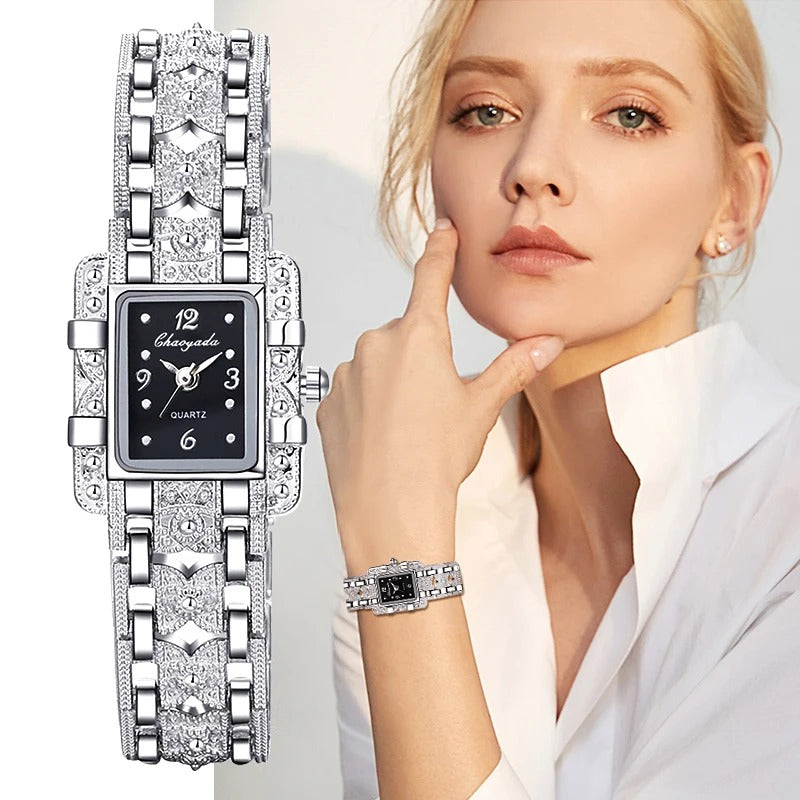 Women Watch Rectangle Dial Silver Stainless Steel Crystal Watches Fashion Quartz For Women ladies