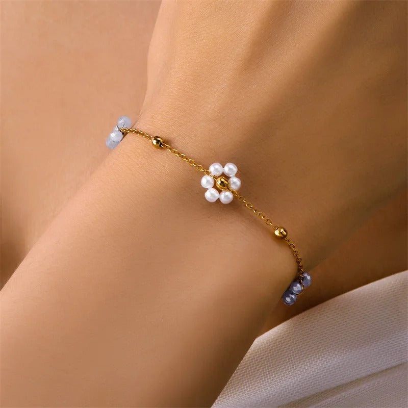 Sweet Cute Crystal Pearl Flower Bracelets for Women Fashion Gold Color Chain Charm Bracelet Necklace Jewelry