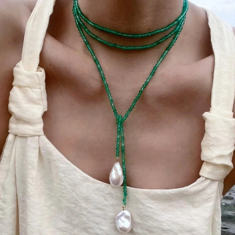 Irregular Baroque Pearl Pendant Necklace for Women Vintage Green Black Crystal Bead Long Necklace Neck Chain Jewelry