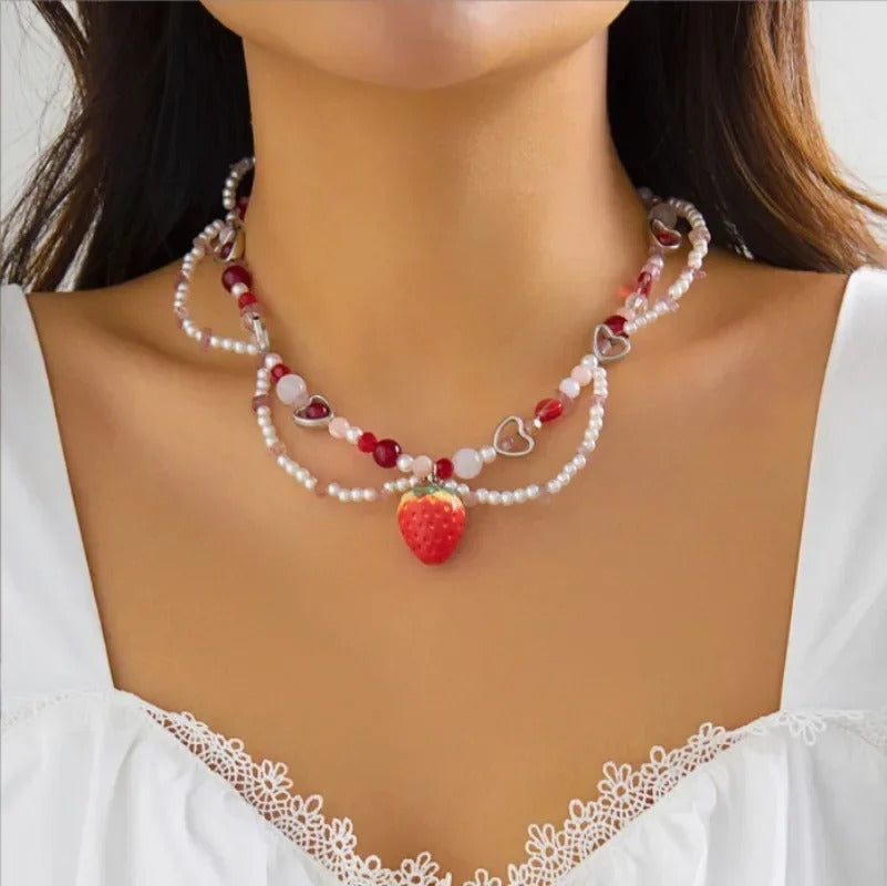 Sweet Charm Imitation Pearl Chain Strawberry Pendant Necklace for Women Wed Bridal Love Heart Choker Aesthetic Jewelry