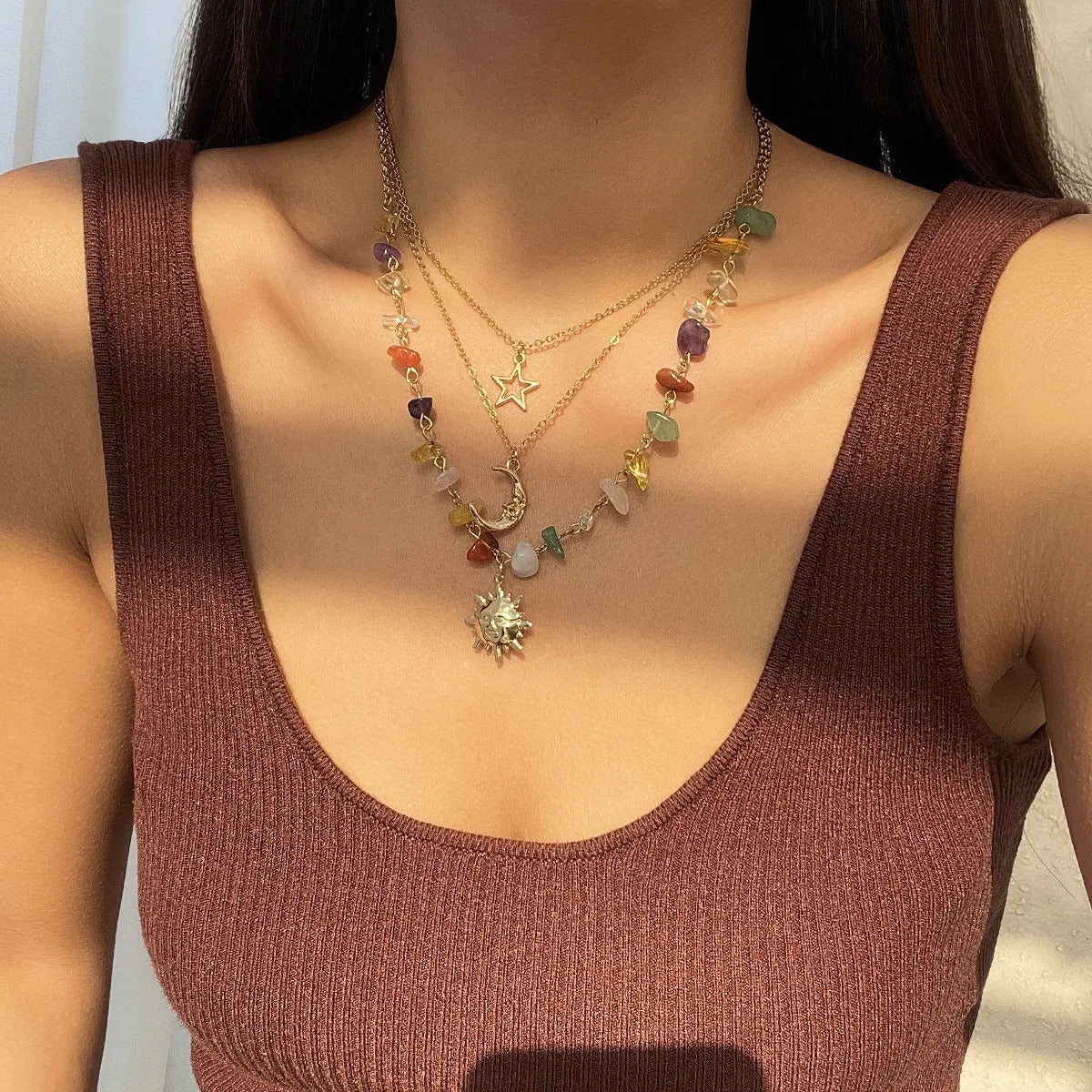 Retro Moon, Sun, Star Pendant Necklace 2025 Women's Multi layer Gold Color Metal Colored Stone Weaving Girls' Fashion Jewelry