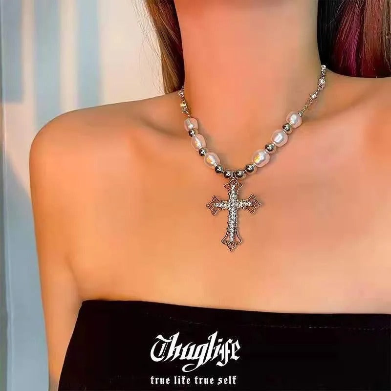 Pearl Cross Pendant Necklace Women Punk Retro Women Religious Zircon Chain Necklaces Girls Hip Hop Party Trendy Jewelry Gift