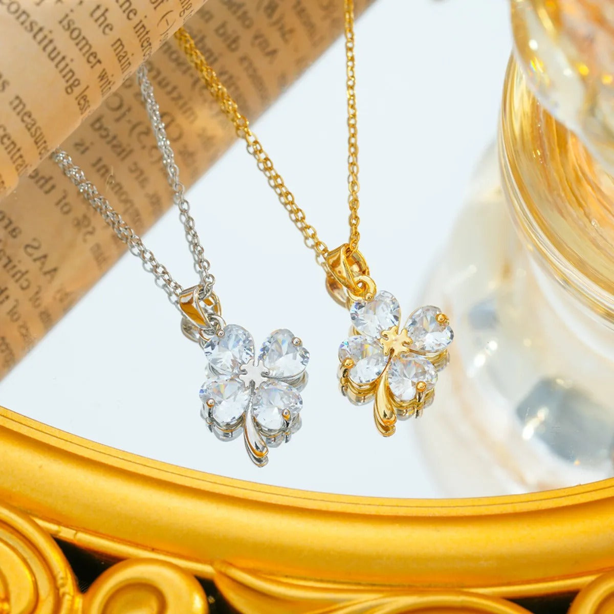 Stainless Steel Chain Cute Zircon Four Leaf Clover Pendant Necklaces for Women Girls Lucky Jewelry Accessories Gifts for Friends