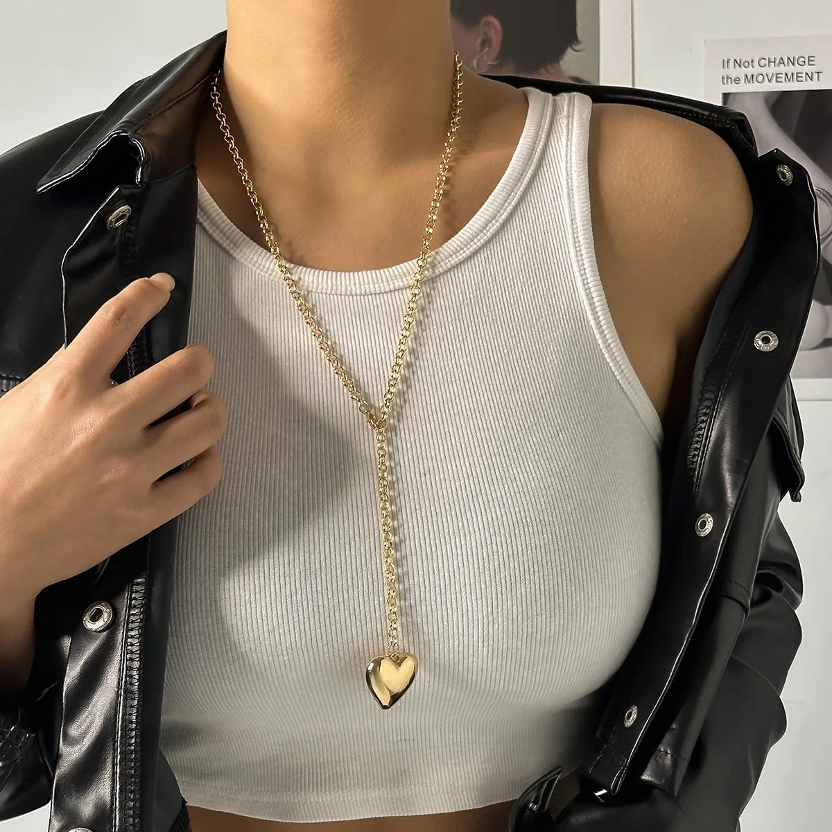 Vintage Big Peach Heart Pendant Adjustable Necklace Women's 2025 Simple Long Style Tassel Gold Metal Girl Fashion Jewelry