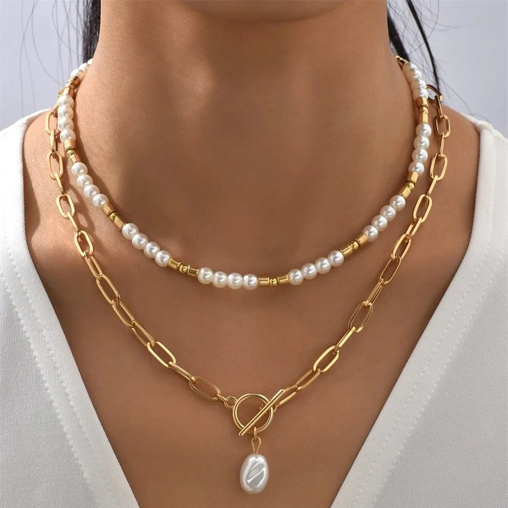 New Vintage Punk Metal Bead Chain Artificial Pearl Pendant Necklace For Women Boho Fashion Multilevel Jewelry Gift