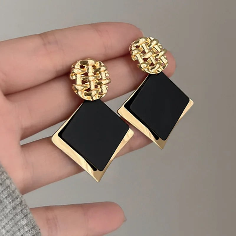 Double Color Rhombus Dangle Earrings Women Hollow Golden Jewelry
