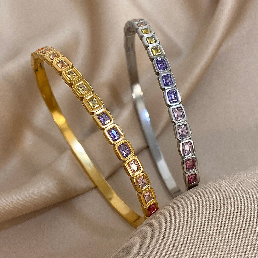 Colorful Zircon Square Beads Stainless Steel Bracelets for Women Trendy Gold Silver Color Stacked Cuff Bangle Waterproof Jewelry