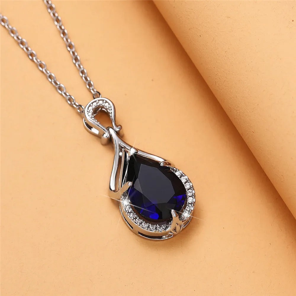 Blue Water Drop Cubic Zirconia Pendant Necklace Anniversary Party Elegant Lady's Neck Accessories Women Trendy Jewelry