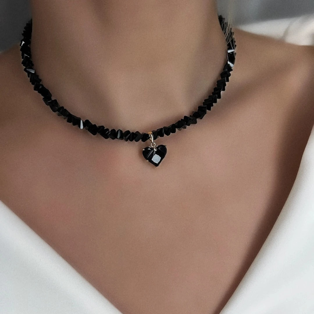 Black Beads Necklace With Heart Pendant Female Jewelry Luxury Rhinestone Choker Necklaces Women Ladies Party Necklace