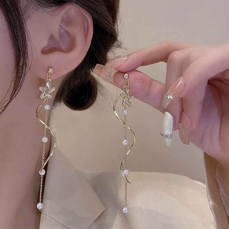 Exquisite Crystal Star Wavy Long Tassel Drop Earrings for Women Fashion Imitation Pearl Chain Dangle Earring Jewelry Gift
