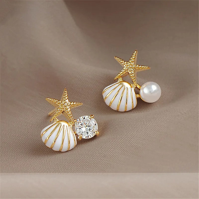 Cute Asymmetric Starfish Earrings with Pearl & Rhinestone