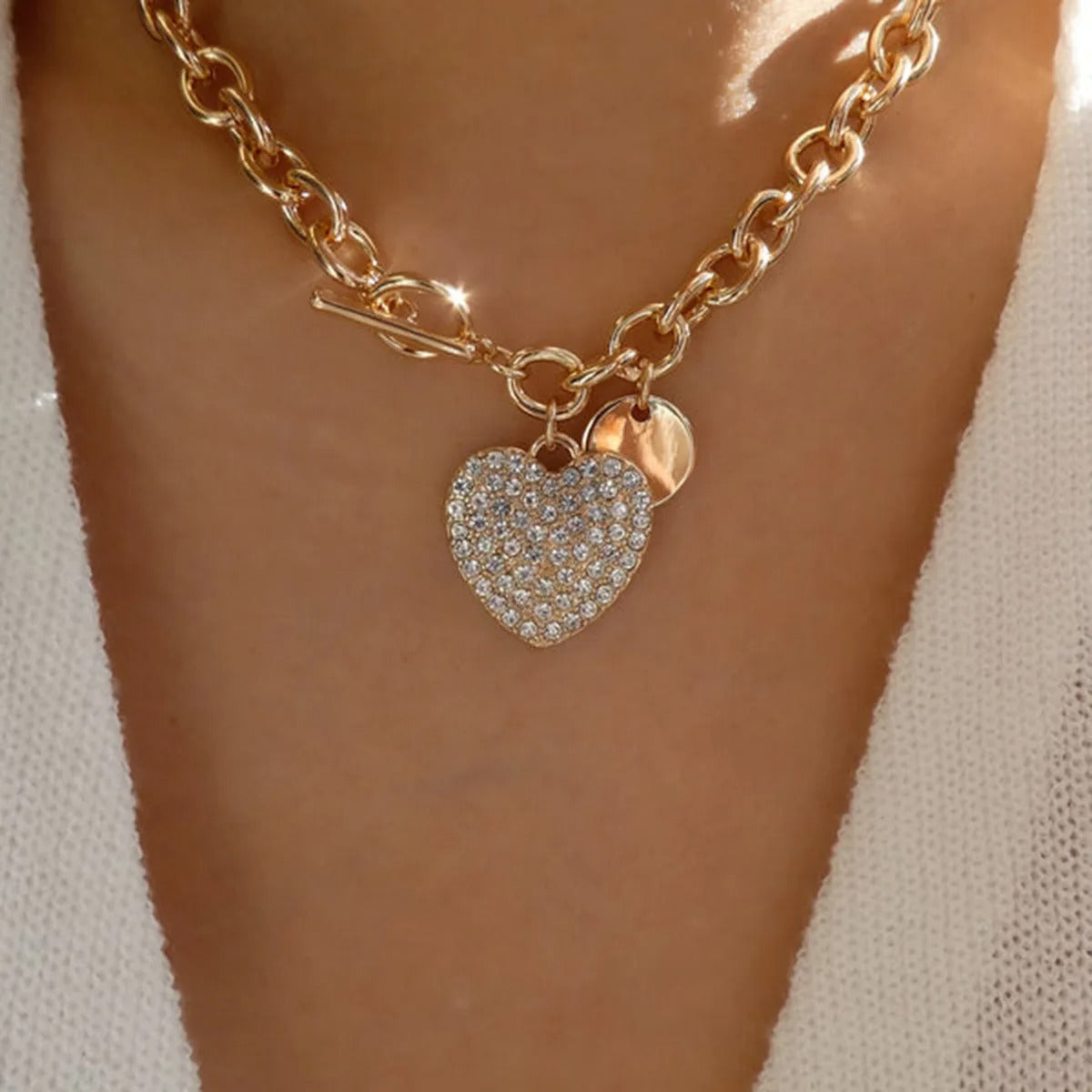 Exaggerated Full Crystal Heart Pendant Necklace For Women Fashion Gold Color Geometry Chain Necklaces Party Jewelry