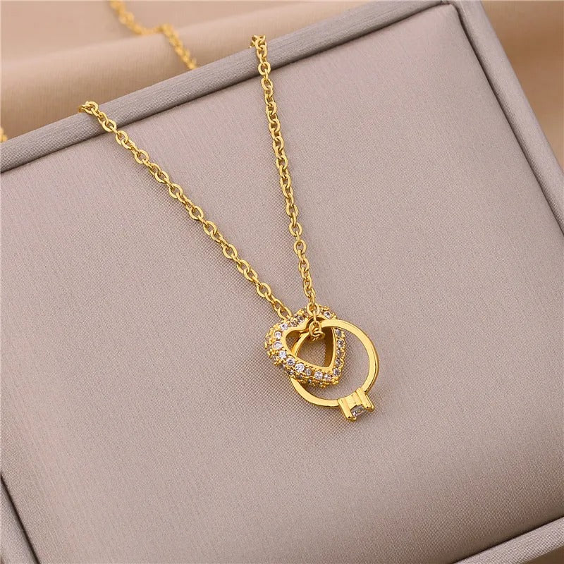 Fashion Heart Ring Cross Stainless Steel Necklace For Women Cute Romantic Ladies Wedding Jewelry for Female