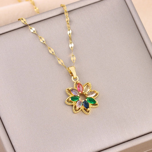 New In Fashion 7 Colors Zircon Crystal Flower Pendant Necklaces For Women Trendy Female Stainless Steel Chain Ladies Accessories