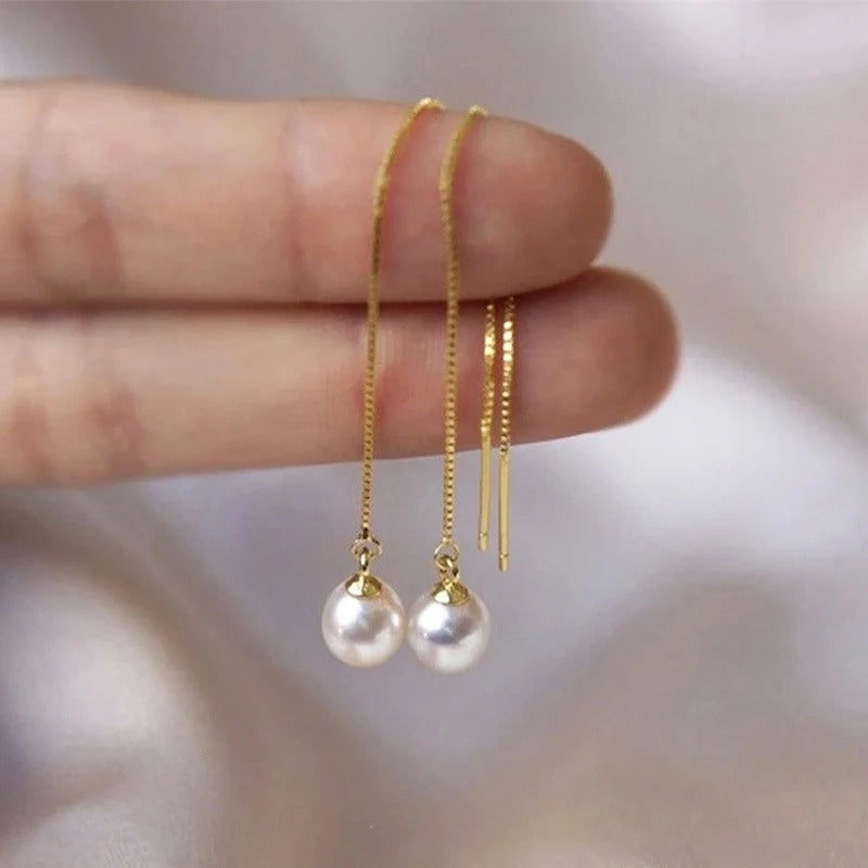 Huitan Dainty Long Hanging Pearl Earrings Elegant Gold Color Engagement Jewelry for Women